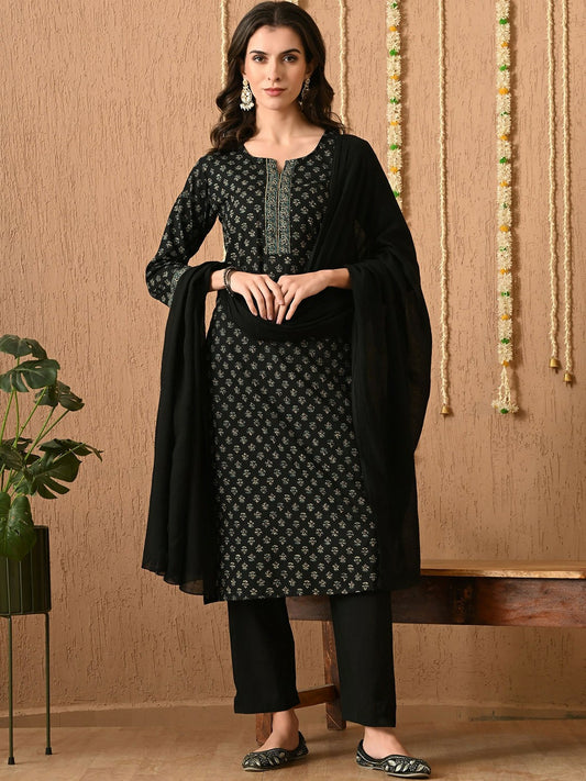 Black Ethnic Motif Kurta with Printed Trousers & Dupatta