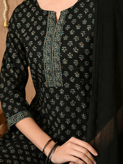 Black Ethnic Motif Kurta with Printed Trousers & Dupatta
