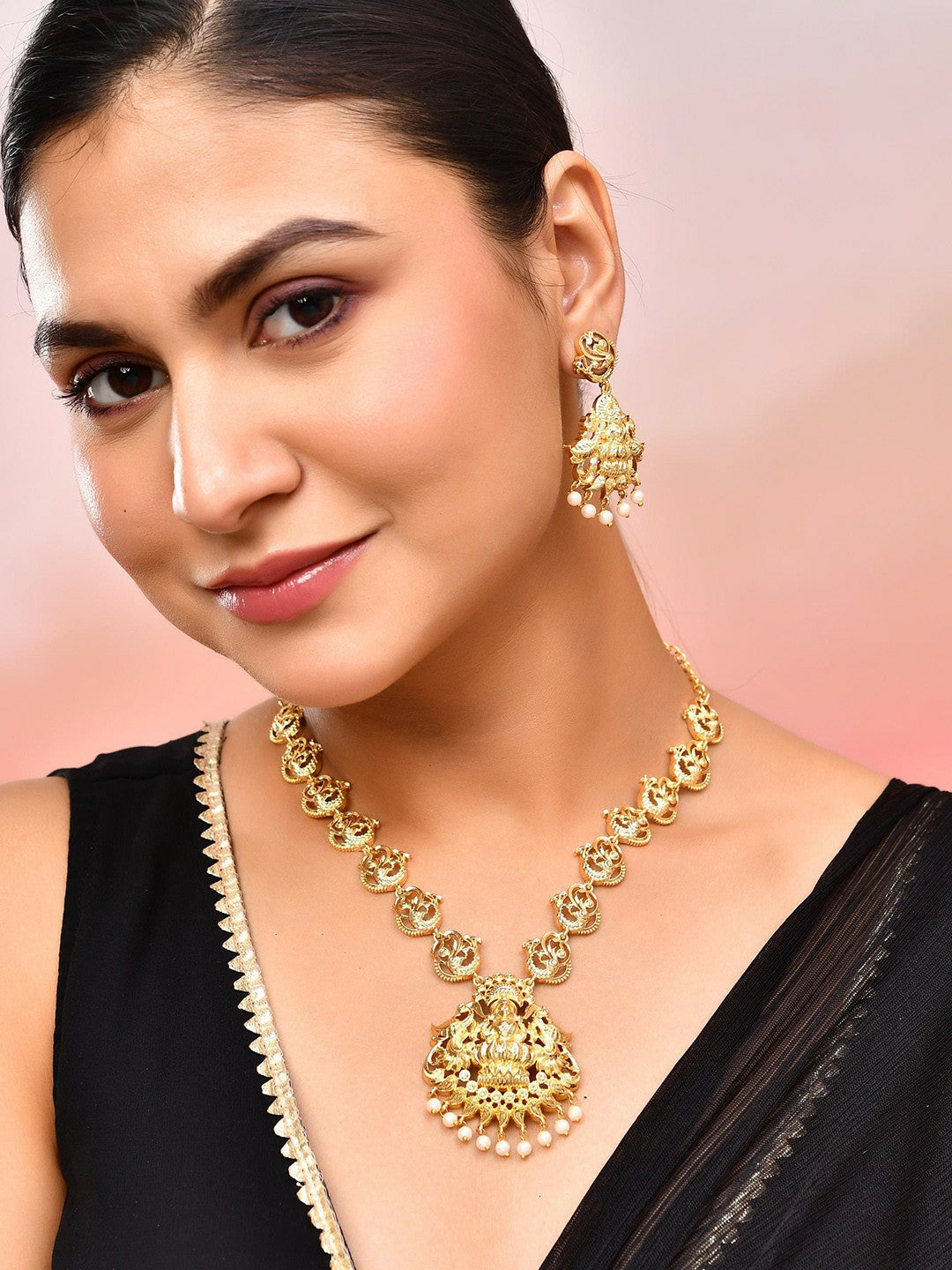 Gold Plated Anti Tarnish Temple Jewellery Set with Earrings