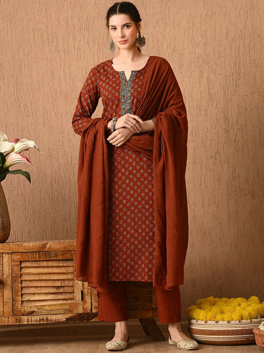 Brown Floral Printed Kurta with Trousers & Dupatta