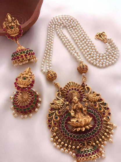 Gold-Plated Red & White CZ Beaded Choker Necklace Set with Earrings