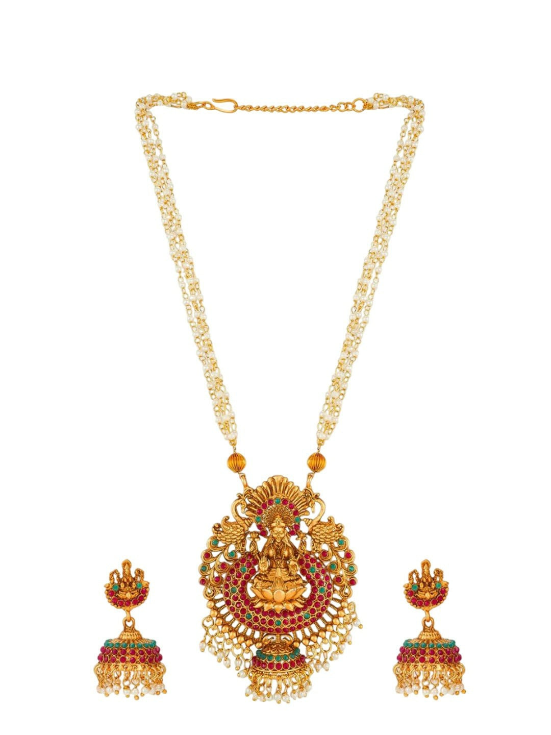 Gold-Plated Red & White CZ Beaded Choker Necklace Set with Earrings