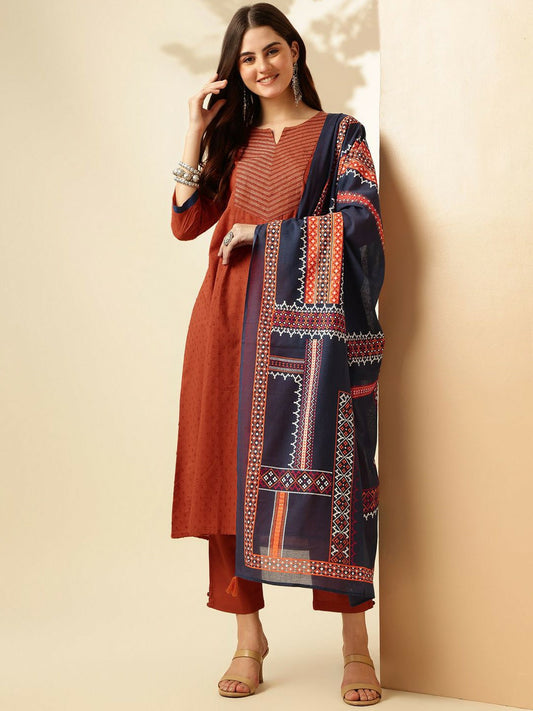 Rust Ethnic Motif Panelled A-Line Kurta with Trousers & Dupatta
