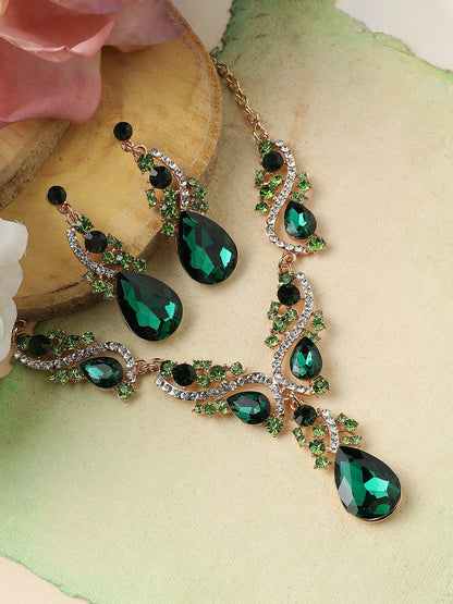 Green Stone-Studded Gold-Plated Choker Necklace & Earrings Set