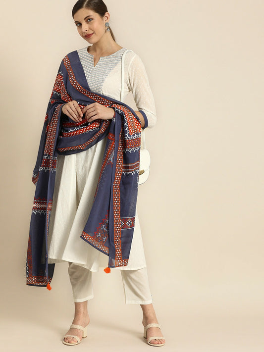 White Woven A-Line Kurta with Trousers & Dupatta