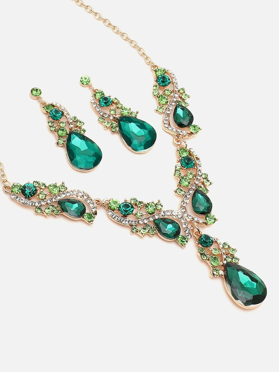 Green Stone-Studded Gold-Plated Choker Necklace & Earrings Set