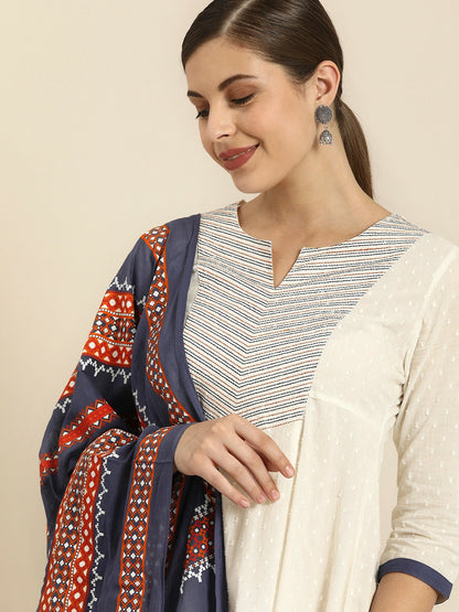 White Woven A-Line Kurta with Trousers & Dupatta