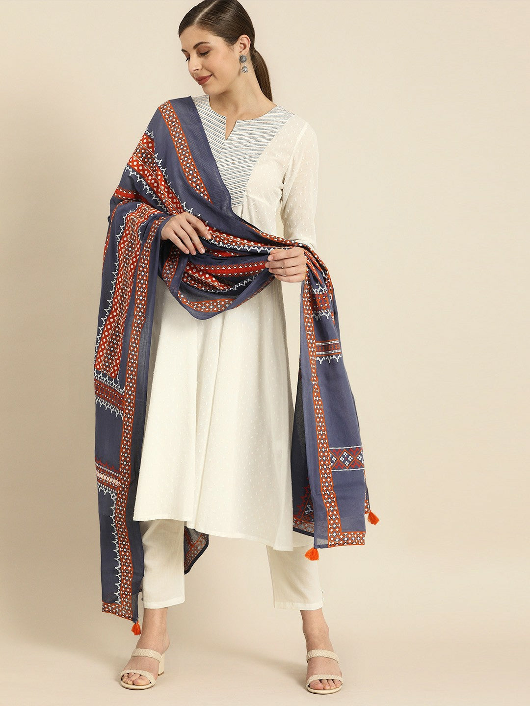White Woven A-Line Kurta with Trousers & Dupatta
