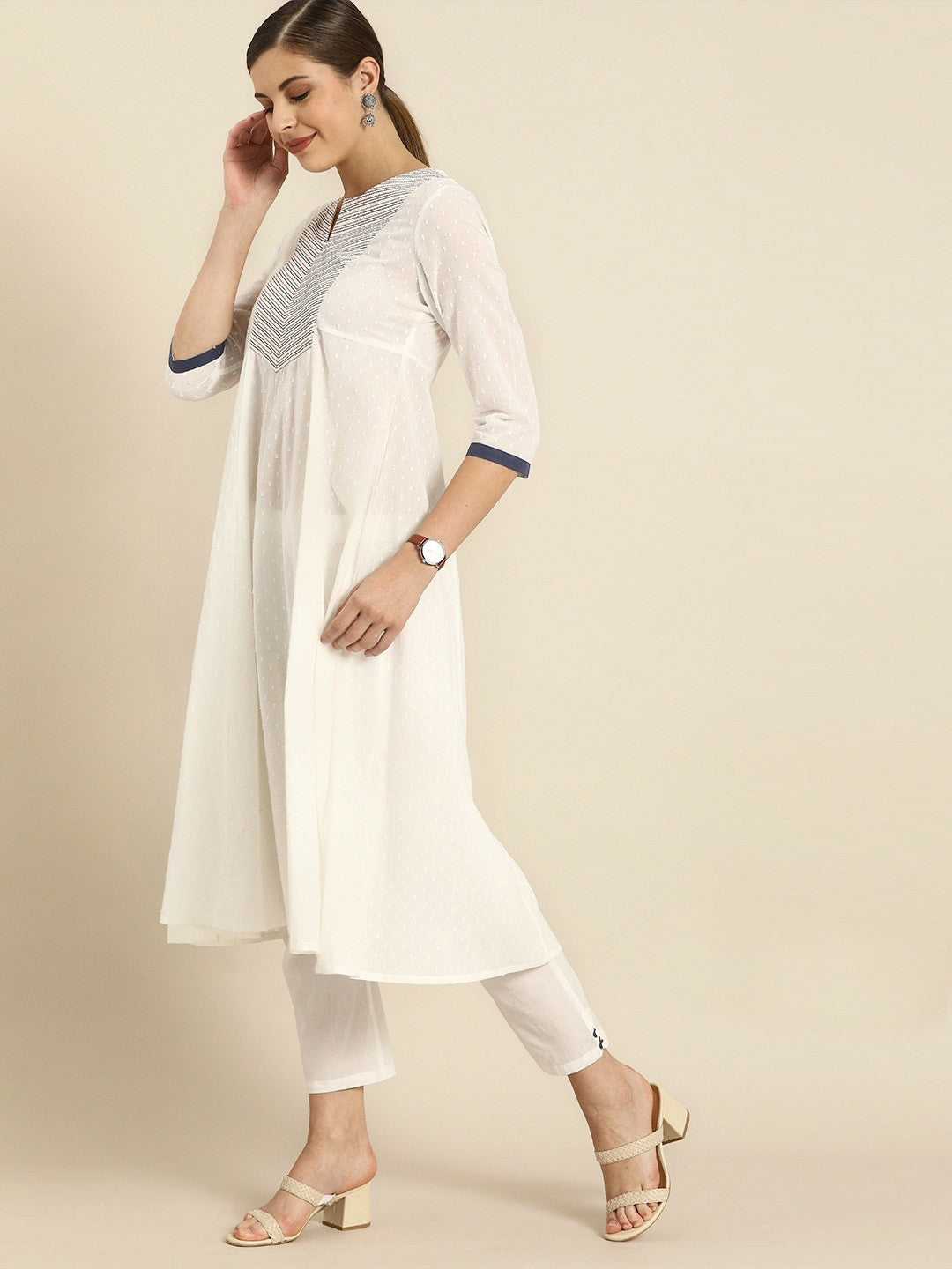 White Woven A-Line Kurta with Trousers & Dupatta
