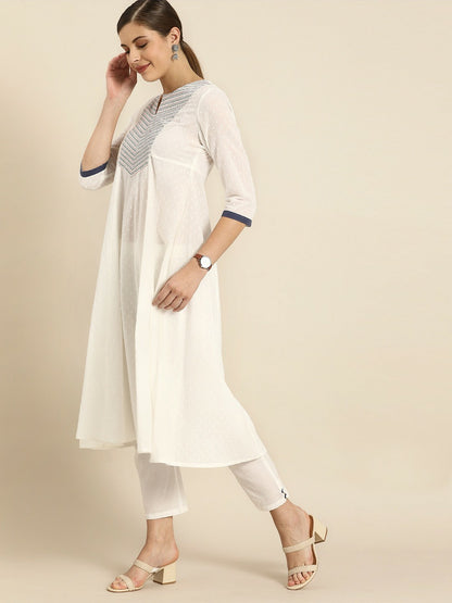 White Woven A-Line Kurta with Trousers & Dupatta