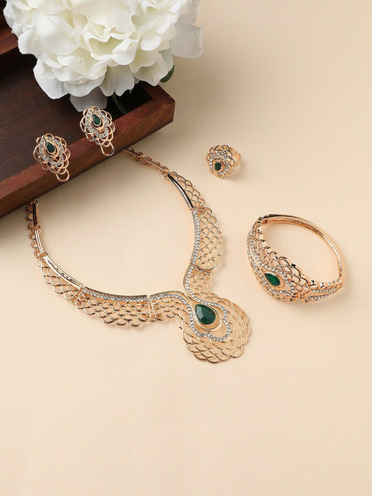Green Stone-Studded Gold-Plated Necklace & Earrings
