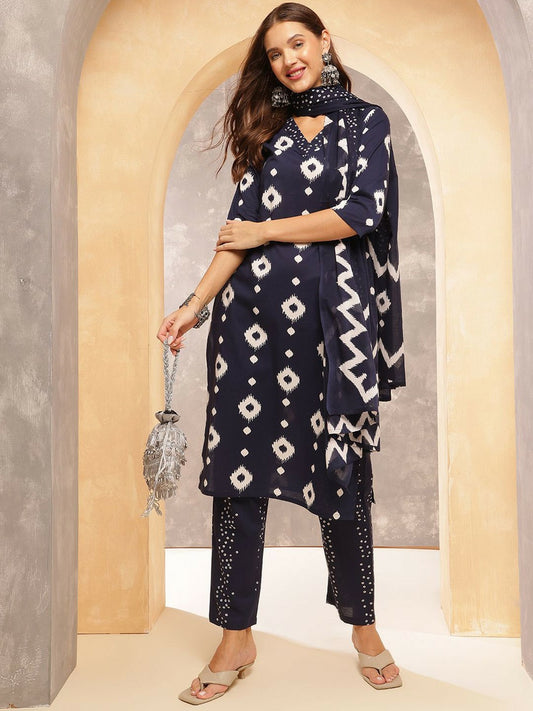 Navy Blue Ethnic Print Straight Kurta with Trousers & Dupatta