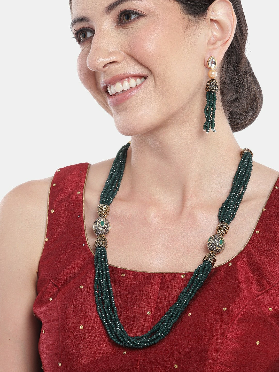 Gold-Toned Green Stone Studded Beaded Necklace Set with Drop Earrings