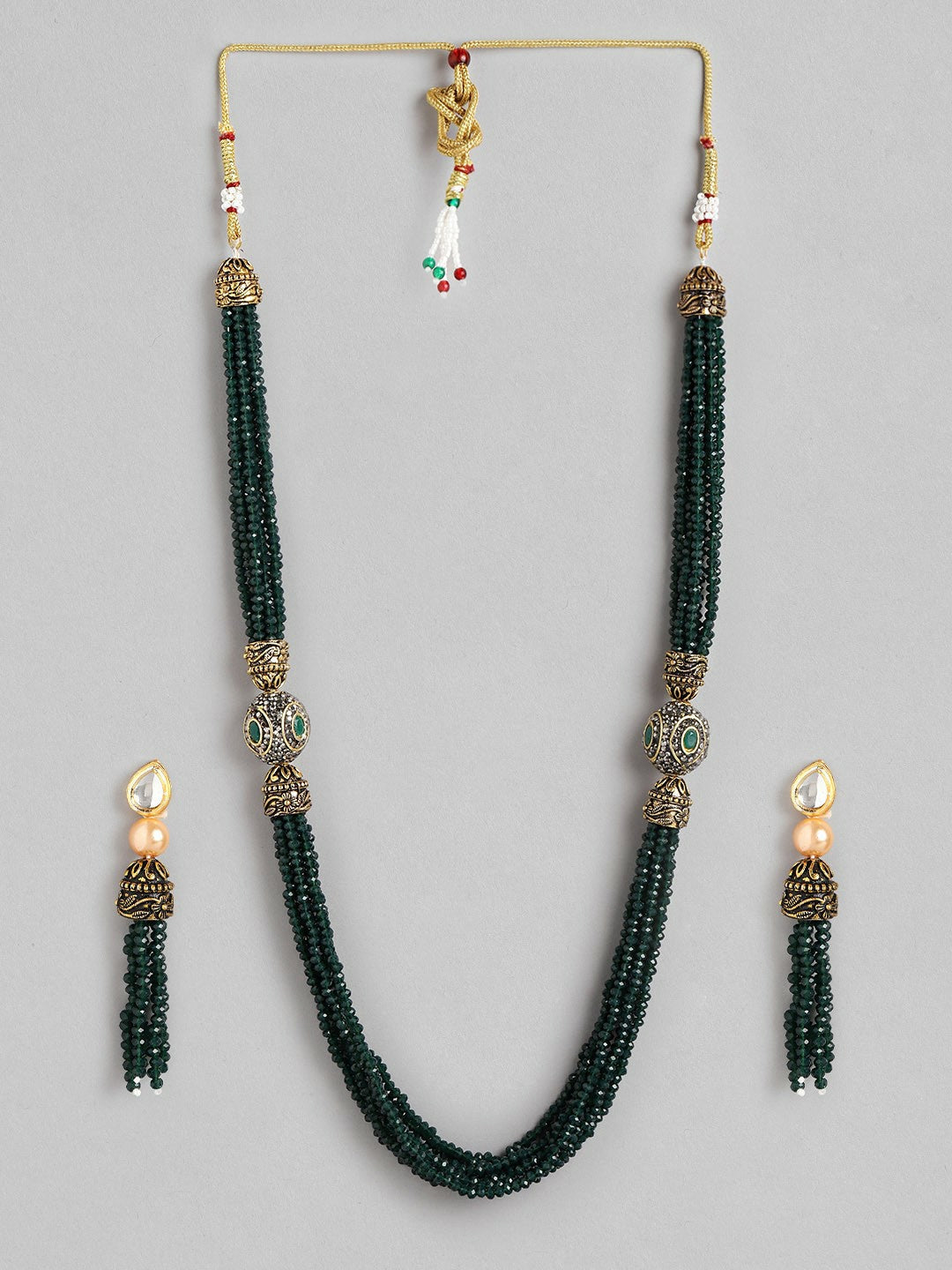 Gold-Toned Green Stone Studded Beaded Necklace Set with Drop Earrings