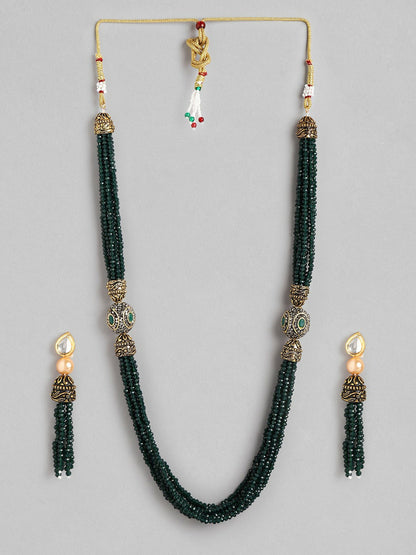 Gold-Toned Green Stone Studded Beaded Necklace Set with Drop Earrings
