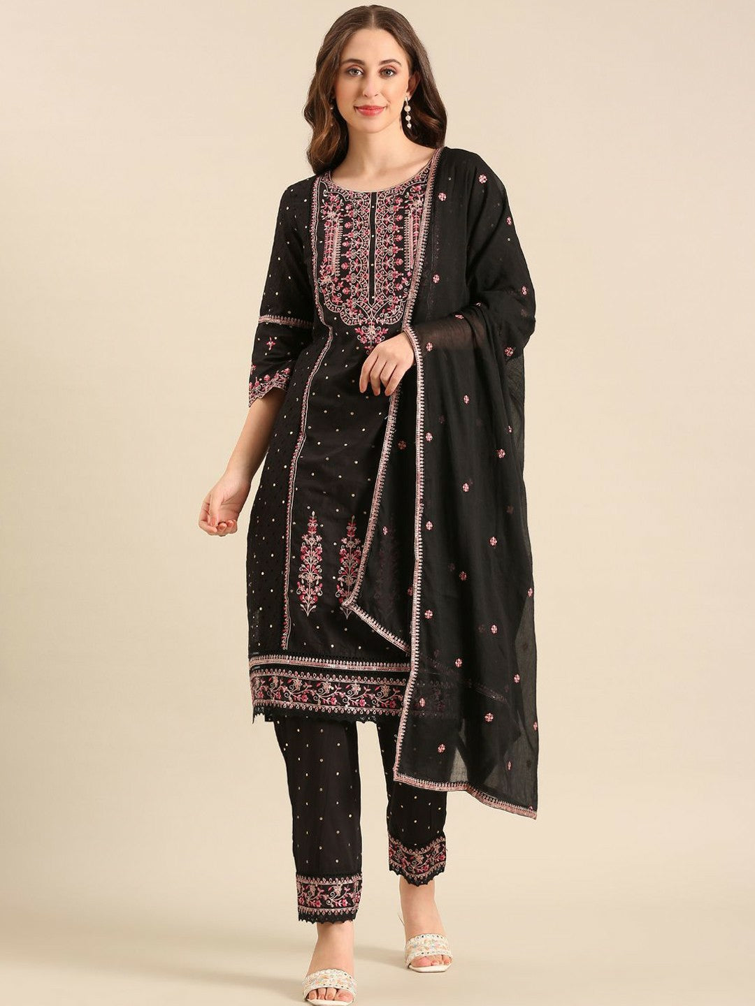 Black Floral Embroidered Cotton Kurta Set with Trousers & Dupatta