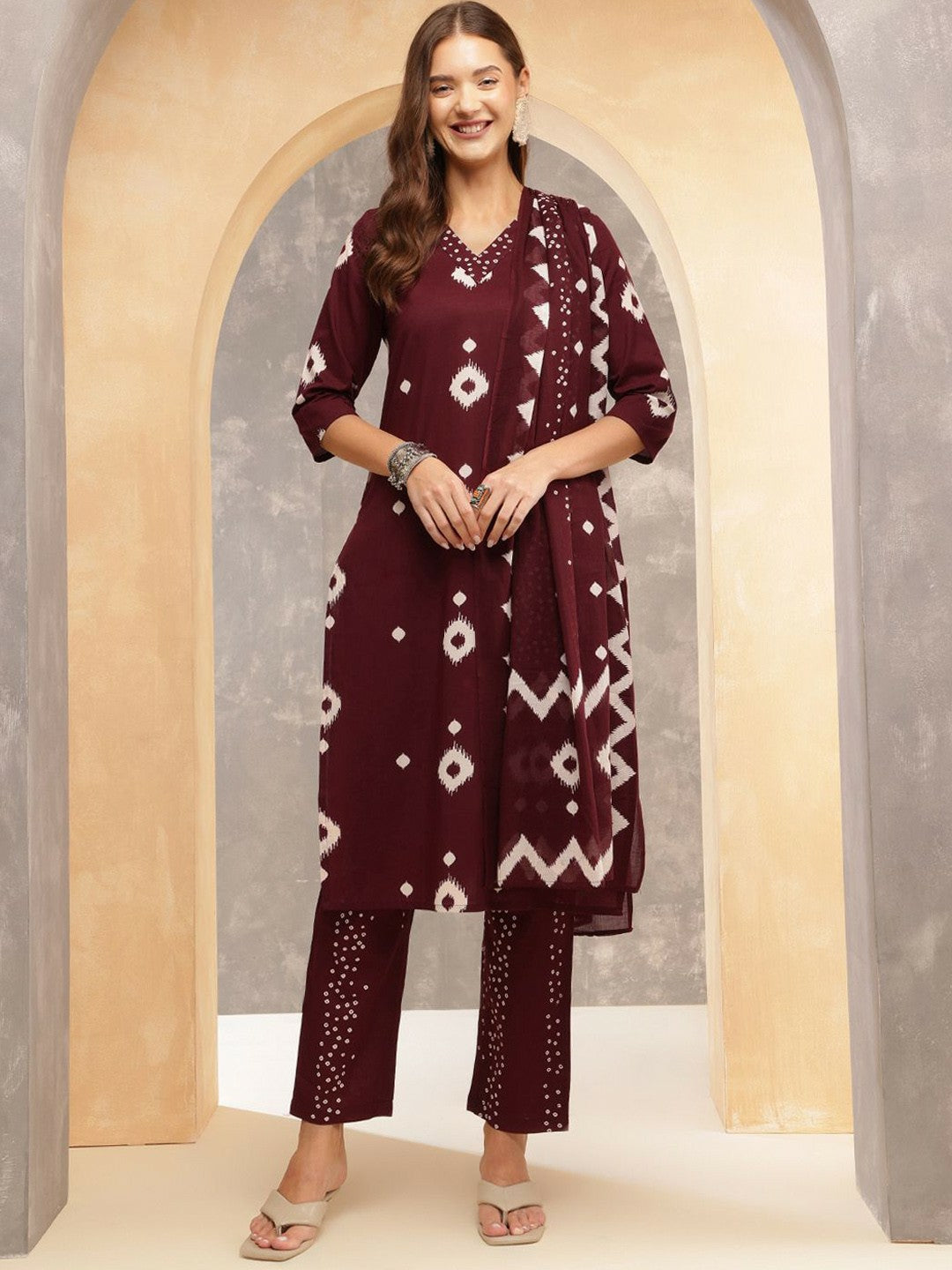 Burgundy Geometric Printed Cotton Kurta with Trousers & Dupatta