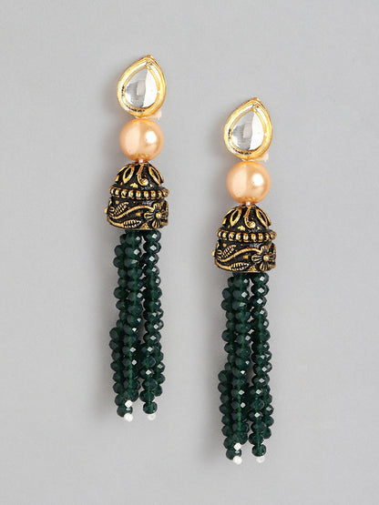 Gold-Toned Green Stone Studded Beaded Necklace Set with Drop Earrings