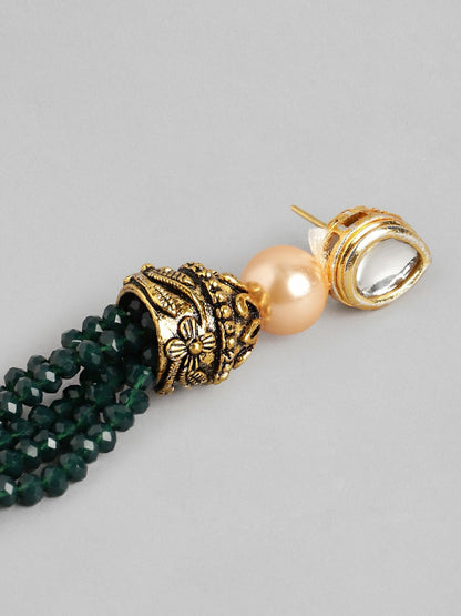 Gold-Toned Green Stone Studded Beaded Necklace Set with Drop Earrings