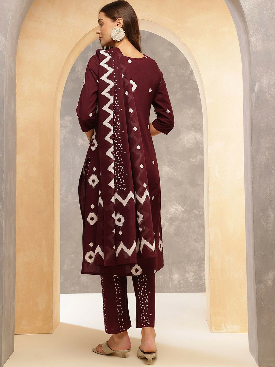 Burgundy Geometric Printed Cotton Kurta with Trousers & Dupatta