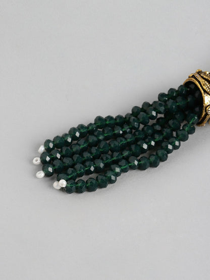 Gold-Toned Green Stone Studded Beaded Necklace Set with Drop Earrings