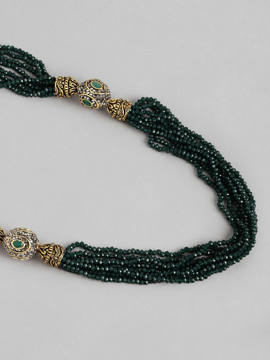 Gold-Toned Green Stone Studded Beaded Necklace Set with Drop Earrings