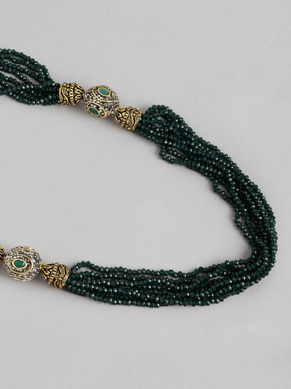 Gold-Toned Green Stone Studded Beaded Necklace Set with Drop Earrings
