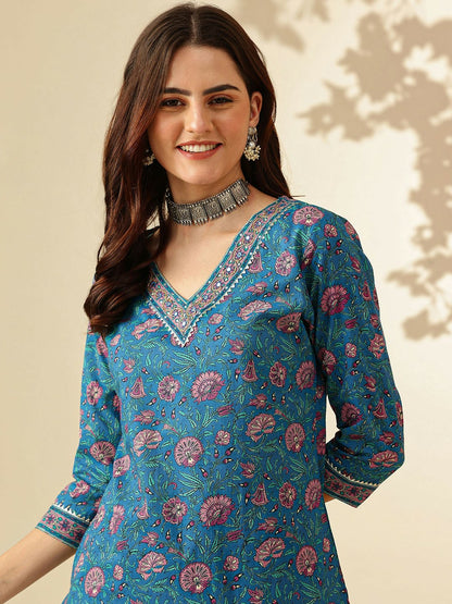 Blue Floral Printed Kurta with Trousers and Dupatta