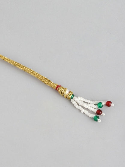 Gold-Toned Green Stone Studded Beaded Necklace Set with Drop Earrings