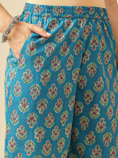 Blue Floral Printed Kurta with Trousers and Dupatta