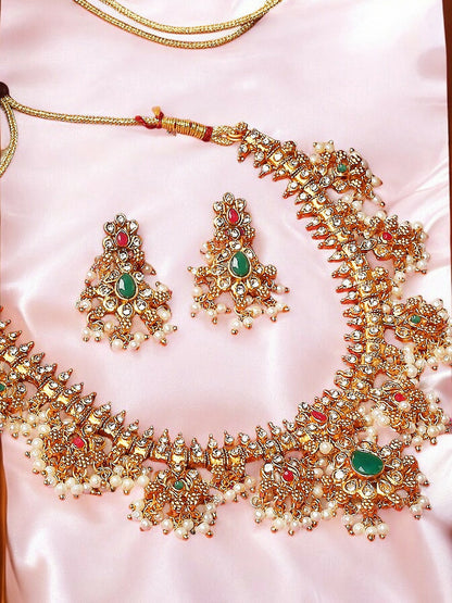 Gold-Toned Temple Necklace Set with Stone & Pearl Detailing