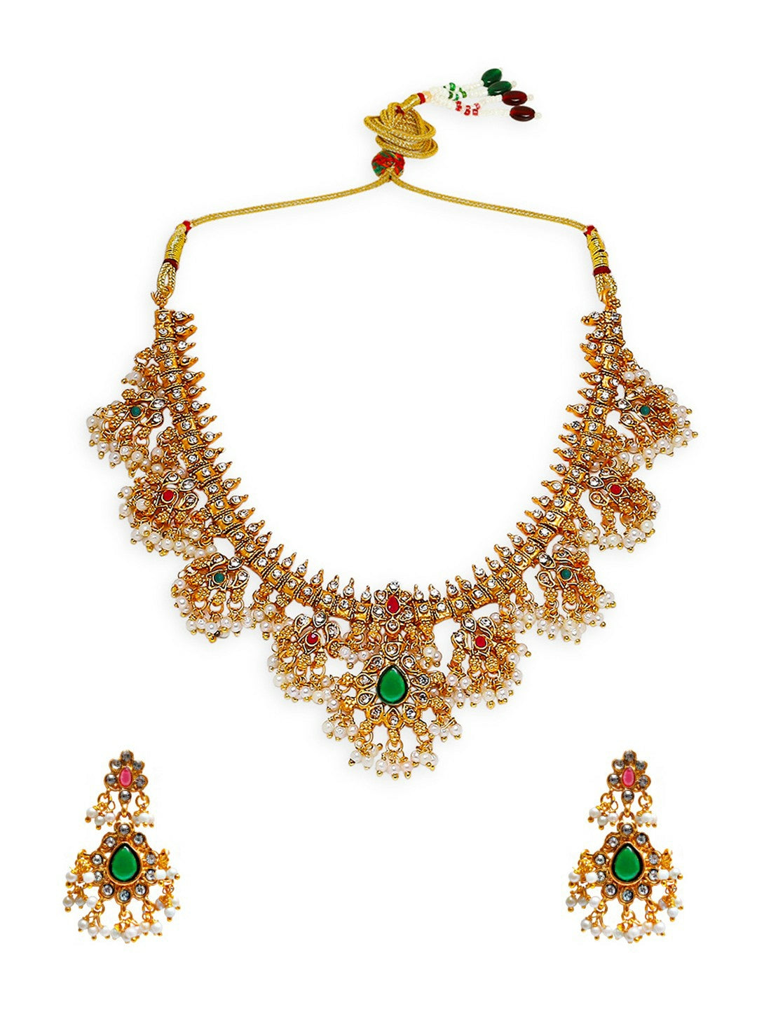 Gold-Toned Temple Necklace Set with Stone & Pearl Detailing