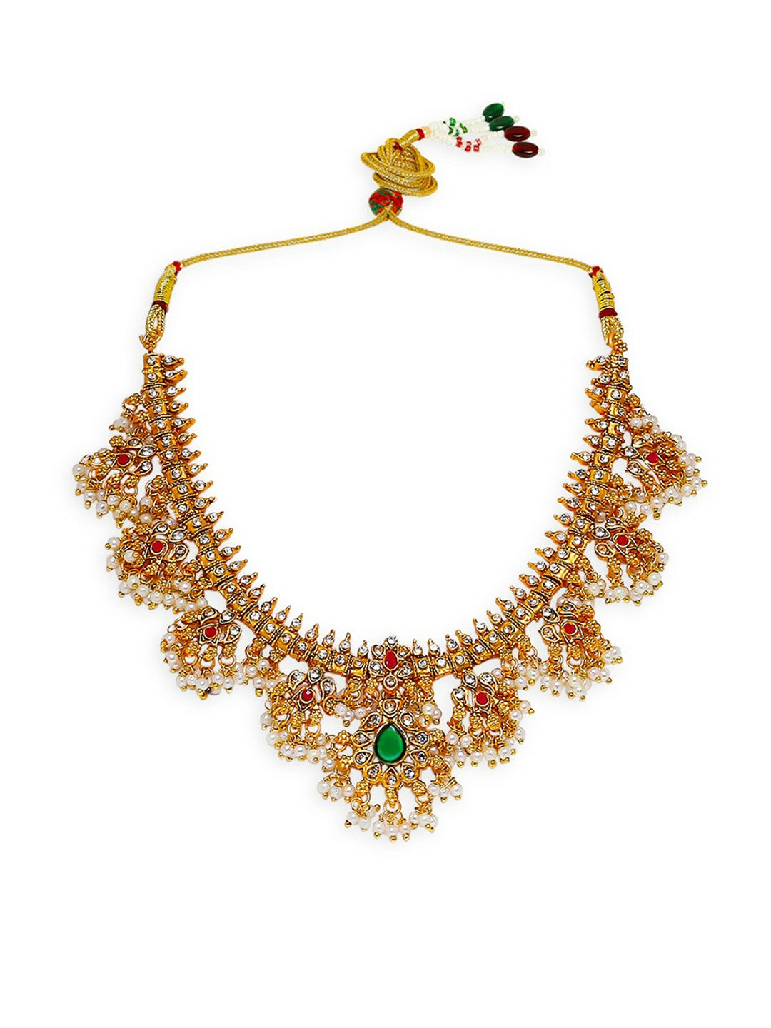 Gold-Toned Temple Necklace Set with Stone & Pearl Detailing