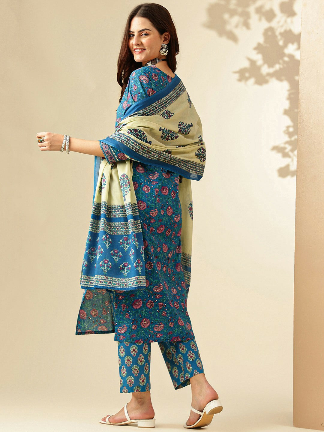 Blue Floral Printed Kurta with Trousers and Dupatta