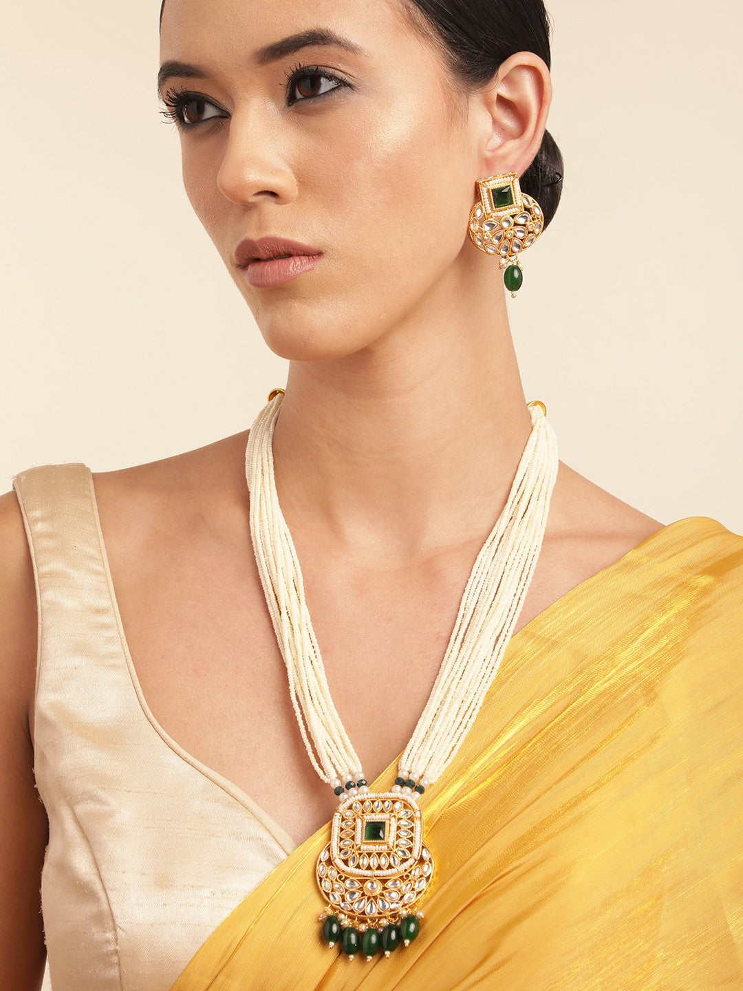 Gold-Plated Kundan Beaded Layered Necklace Set with Earrings