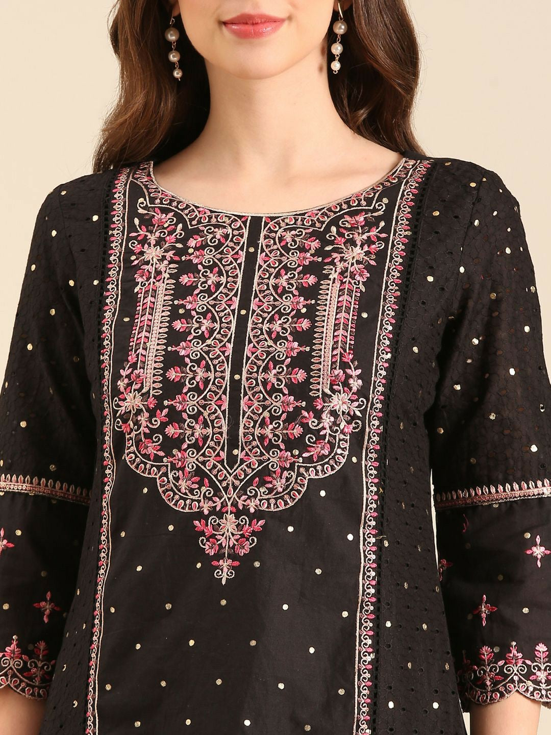 Black Floral Embroidered Cotton Kurta Set with Trousers & Dupatta