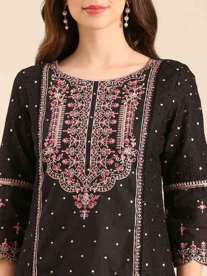 Black Floral Embroidered Cotton Kurta Set with Trousers & Dupatta