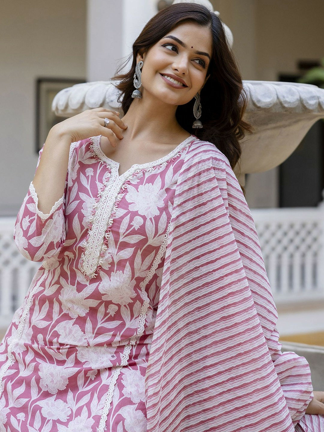 Pink Floral Thread Work Straight Kurta with Trousers & Dupatta