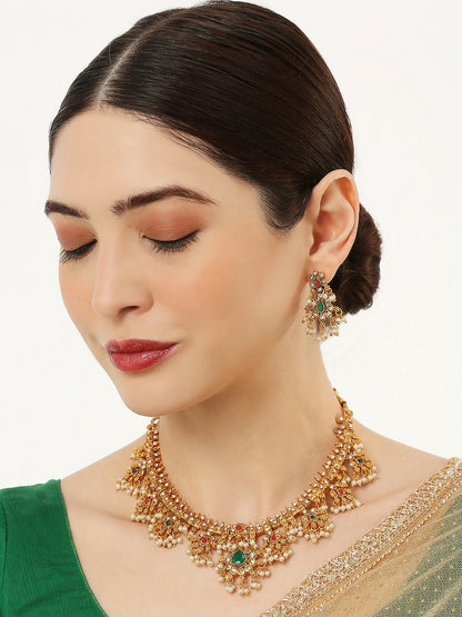Gold-Toned Temple Necklace Set with Stone & Pearl Detailing