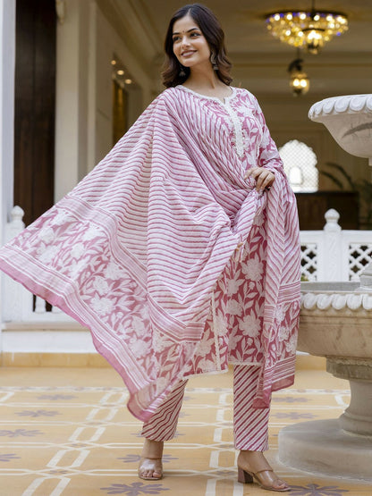 Pink Floral Thread Work Straight Kurta with Trousers & Dupatta
