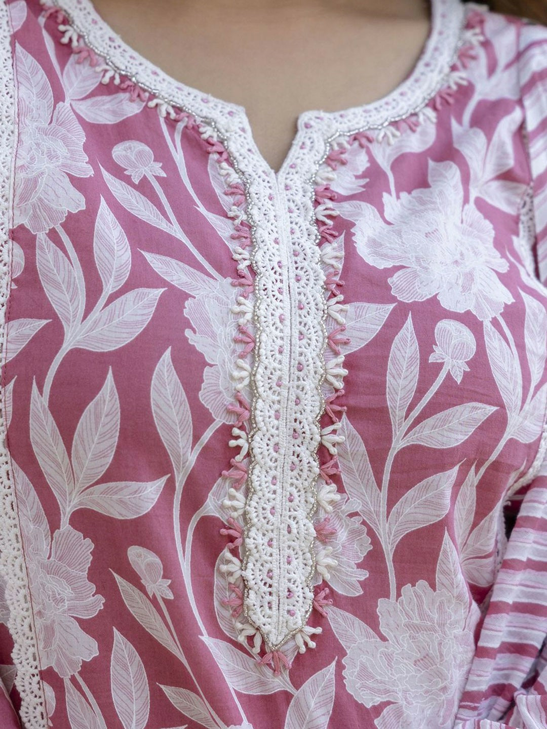 Pink Floral Thread Work Straight Kurta with Trousers & Dupatta