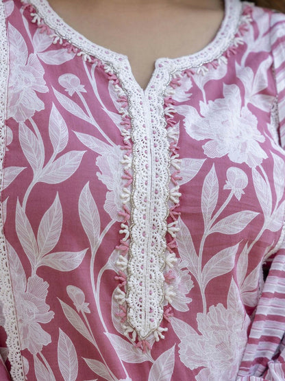 Pink Floral Thread Work Straight Kurta with Trousers & Dupatta