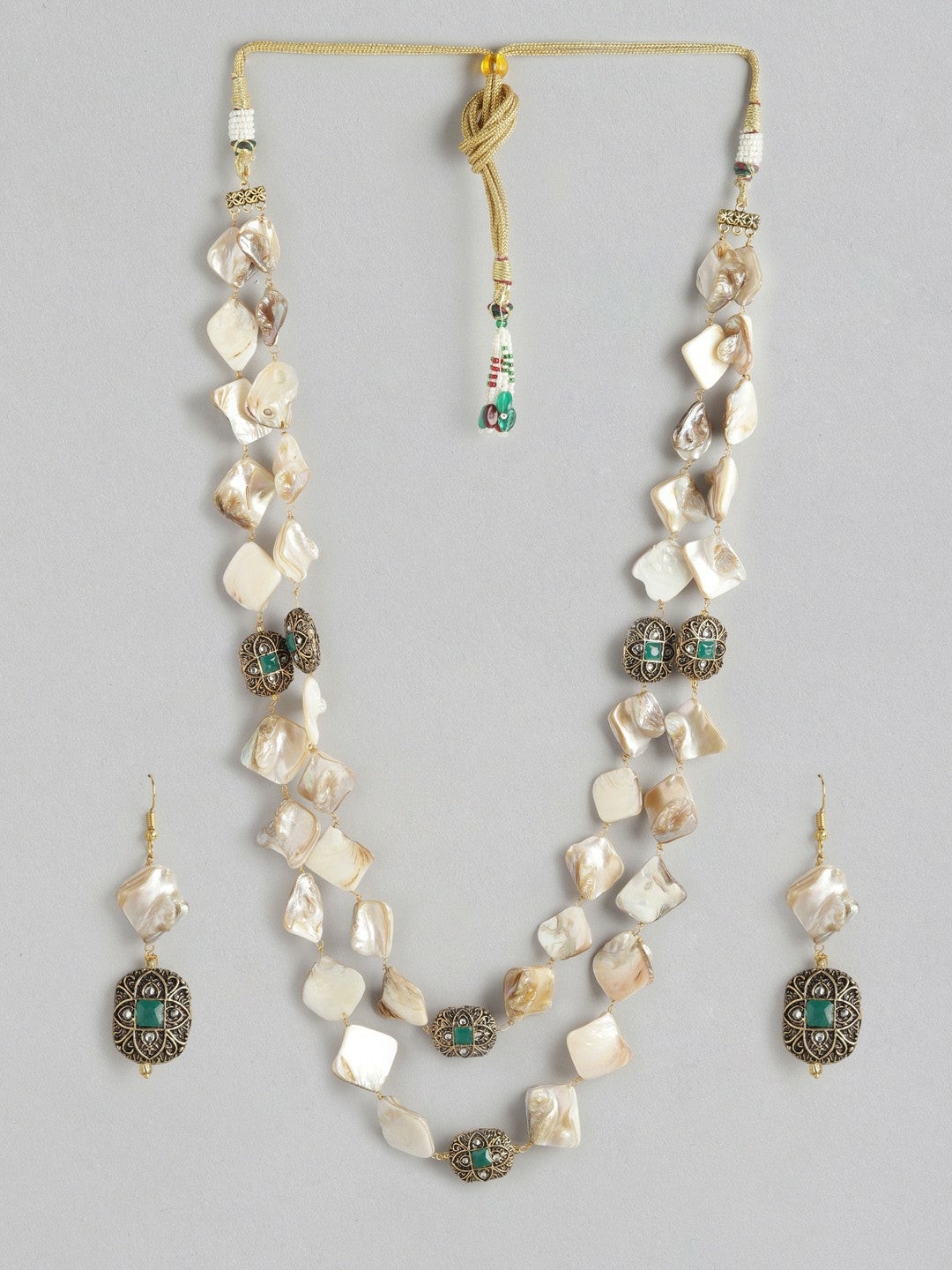 Gold-Plated Off-White & Green Beaded Layered Necklace Set with Earrings
