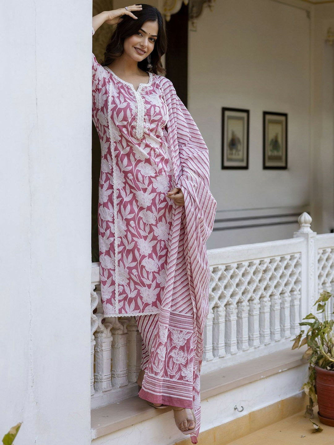 Pink Floral Thread Work Straight Kurta with Trousers & Dupatta