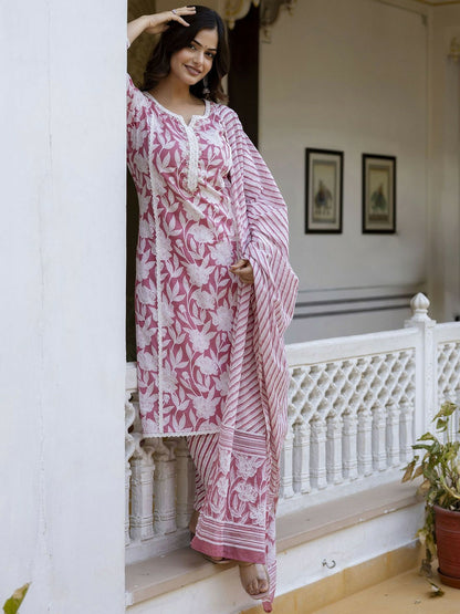 Pink Floral Thread Work Straight Kurta with Trousers & Dupatta
