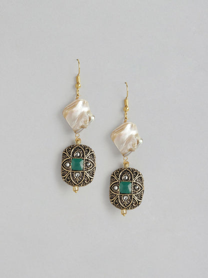 Gold-Plated Off-White & Green Beaded Layered Necklace Set with Earrings