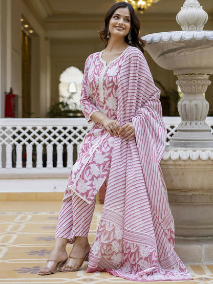 Pink Floral Thread Work Straight Kurta with Trousers & Dupatta