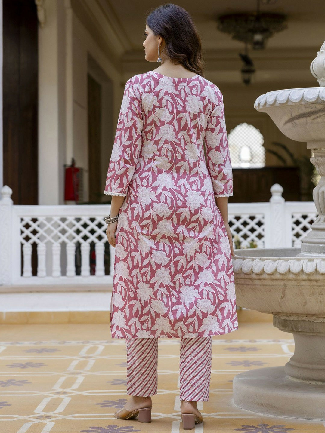 Pink Floral Thread Work Straight Kurta with Trousers & Dupatta
