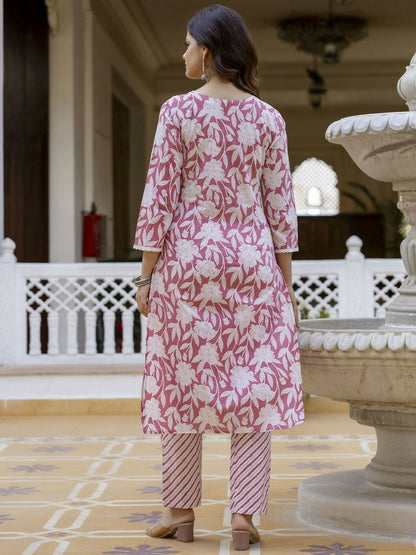 Pink Floral Thread Work Straight Kurta with Trousers & Dupatta