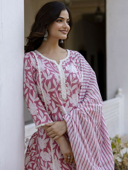 Pink Floral Thread Work Straight Kurta with Trousers & Dupatta